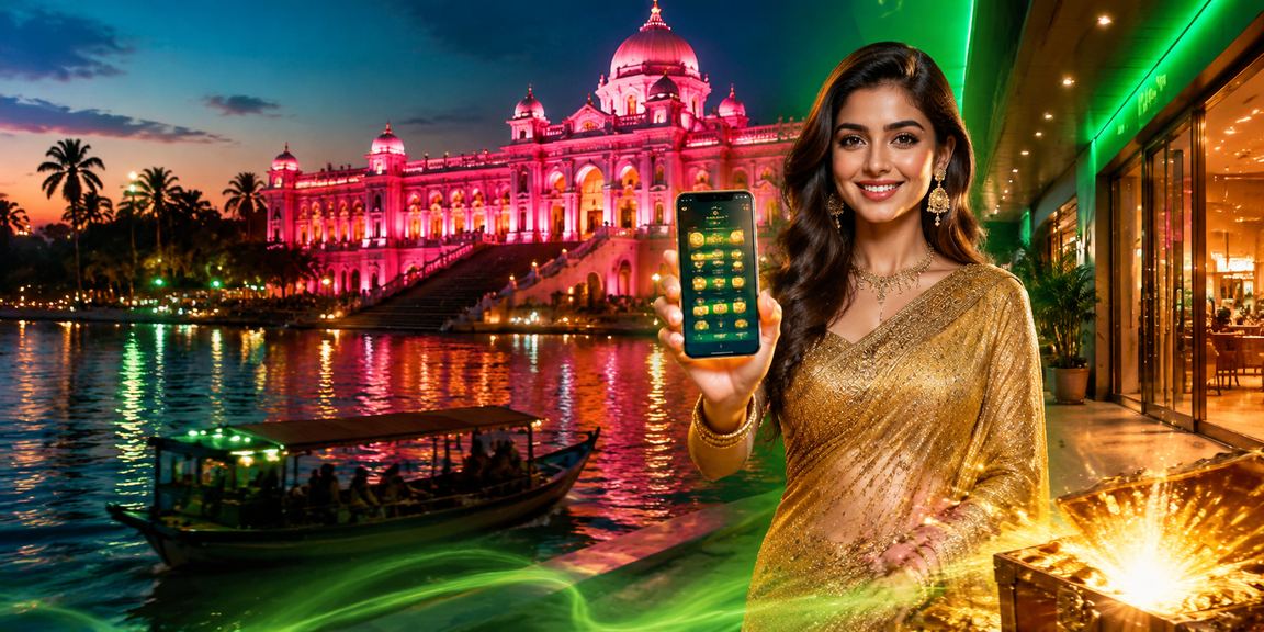 ঢাকায় শাড়ি পরিহিত একজন ব্যবহারকারী মোবাইলে ক্যাসিনো অ্যাপে পেমেন্ট করছেন